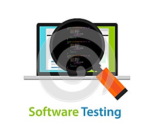 Software testing looking closer close-up to the source code script to find bug