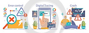 Software testing set. Code testing and debugging. IT specialist searching