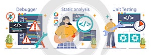 Software testing set. Code testing and debugging. IT specialist searching