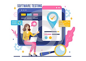 Software Testing Vector Illustration featuring Application Engineering, Debugging Development Process, Programming, and Coding
