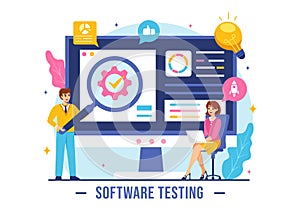 Software Testing Vector Illustration featuring Application Engineering, Debugging Development Process, Programming, and Coding