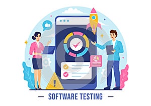 Software Testing Vector Illustration featuring Application Engineering, Debugging Development Process, Programming, and Coding