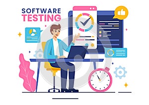 Software Testing Vector Illustration featuring Application Engineering, Debugging Development Process, Programming, and Coding