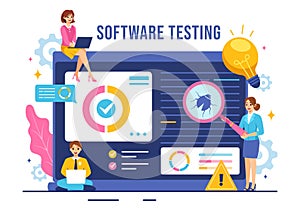 Software Testing Vector Illustration featuring Application Engineering, Debugging Development Process, Programming, and Coding