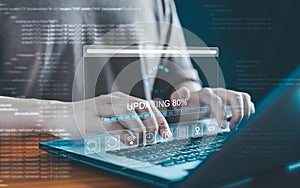 Software update or operating system upgrade, Updating progress bar on computer screen. Installing app patch. laptop, digital,