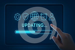 Software update in progress with loading bar on touchscreen display