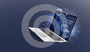 Software, web development, programming concept. Abstract programming language and program code on a laptop screen. Web