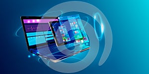 Software, web development, programming concept. Abstract Programming language and program code on screen laptop. Laptop and icons
