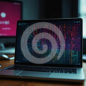 Programming concepts, web development, and software. Laptop with an abstract programming language and code
