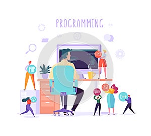 Software and Web Page Programming Concept. Programmer Character Working on Computer with Code on Screen. Freelancer photo