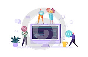 Software and Web Page Programming Concept. Programmer Characters Working on Computer with Code on Screen. Freelancer