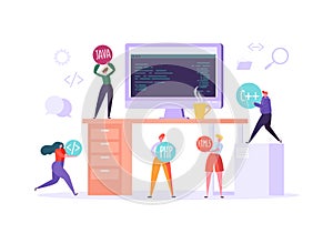 Software and Web Page Programming Concept. Programmer Characters Working on Computer with Code on Screen