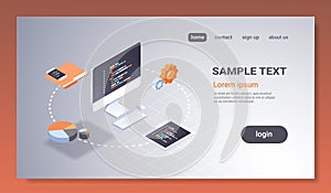 Software web site design development concept programming language program code big data processing on computer screen 3d