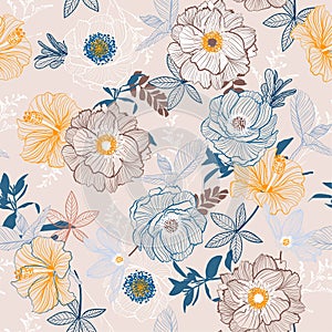 Softy and gentel Line Hand sketch blooming garden flower contrast colorful seamless pattern vector for fashion fabric
