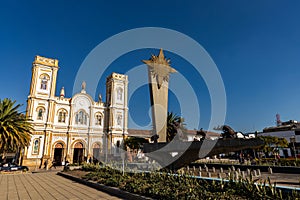 Sogamoso, Boyaca - Colombia. April 10, 2024. The cathedral is republican in style, in front there is a statue of Saint Martin and