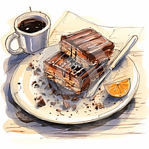 Soggy Chocolate Bars On Plate: A Cabincore Aquarellist\'s Ironical Sketch