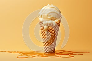 Soggy Melted ice cream and wafer cone. Generate Ai photo