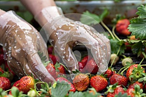 soggy strawberries being picked by hands clad in clear rain gloves