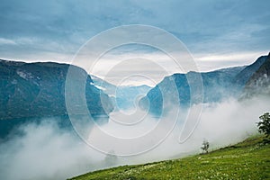 Sogn And Fjordane Fjord, Norway. Amazing Fjord Sogn Og Fjordane In Fog Clouds. Summer Scenic View Of Famous Natural