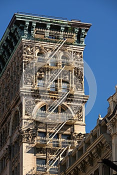 Soho building facade, Architectural ornament and fire escape, New York