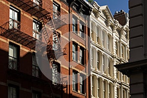 Soho building facades and fire escape, New York City