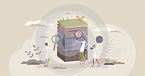 Soil analysis and earth pollution or structure control tiny person concept