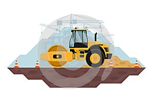 Soil compactor performing work of leveling and compaction of land, heavy machinery used in the construction and mining industry. s photo