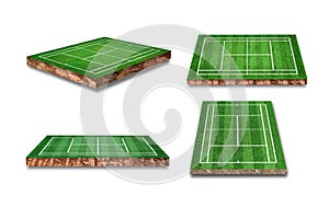 Soil cubic cross section with grass tennis court field isolated on white