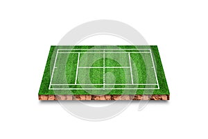 Soil cubic cross section with grass tennis court field isolated on white background.