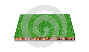 Soil cubic cross section with green grass field isolated on white