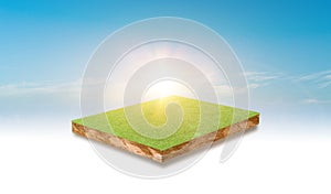 Soil cubic cross section with green grass field over blue sky