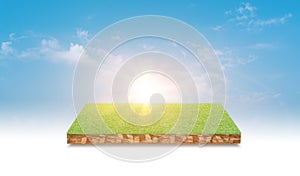 Soil cubic cross section with green grass field over blue sky