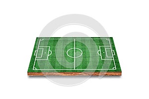 Soil cubical cross section with soccer field, green grass, Isolated on white