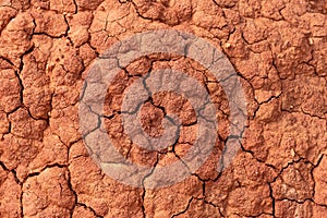 Soil erosion. Cracks in red clay ground. Arid climate. Dry dewatered sandy earth. Abstract texture or background