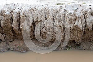 Soil erosion. Formation of gullies in a field due to runoff of rainwater. Sand landslides