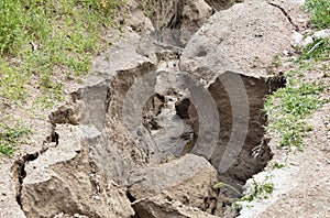 Soil erosion after heavy rain on a mountain path