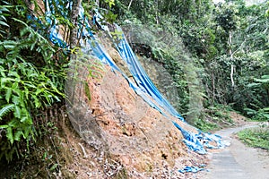 Soil erosion at tropical hilly terrain due to rain storm.