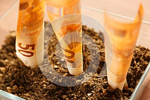 Soil and fertiliser with 50 Euro banknotes, concepts