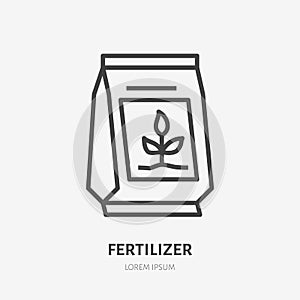 Soil fertilizer in bag flat line icon. Vector thin sign of ground, plant fertilization photo
