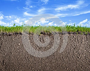 Soil ground, grass and sky nature background