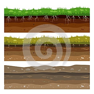 Soil ground layers. Seamless campo ground dirt clay surface texture with stones and grass. Vector