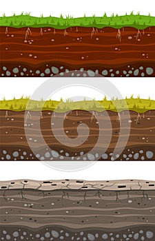 Soil ground layers. Seamless ground, earth drying process. Dirt clay surface texture with stones and grass. Vector set