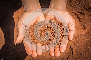 Soil on the hands in the drought land.