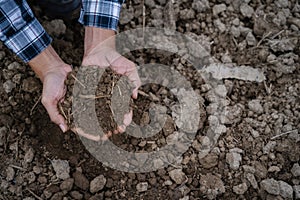 Soil in the hands of farmers. Concept of agriculture