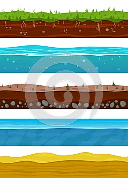 Soil layers. Game ground surfaces with land grass, dried desert sand, water and ice. Landscape levels seamless vector