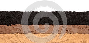 Soil layers: humus, clay and sand isolated on white background.