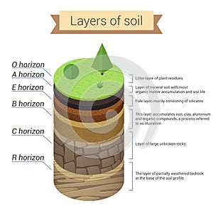 Soil layers. Soil is a mixture of plant residue and fine mineral particles, which form layers. Vector diagram.