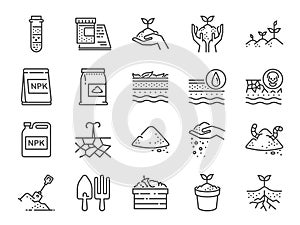 Soil line icon set. Included the icons as earth, compost, land, dirt, ground and more.