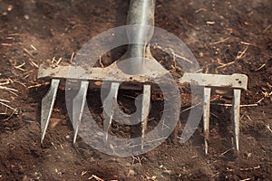 Soil preparation tool Close up of a used, dirty garden cultivator