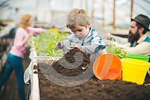 Soil preparing. small boy preparing soil for planting. soil preparing concept. soil preparing of young gardener family